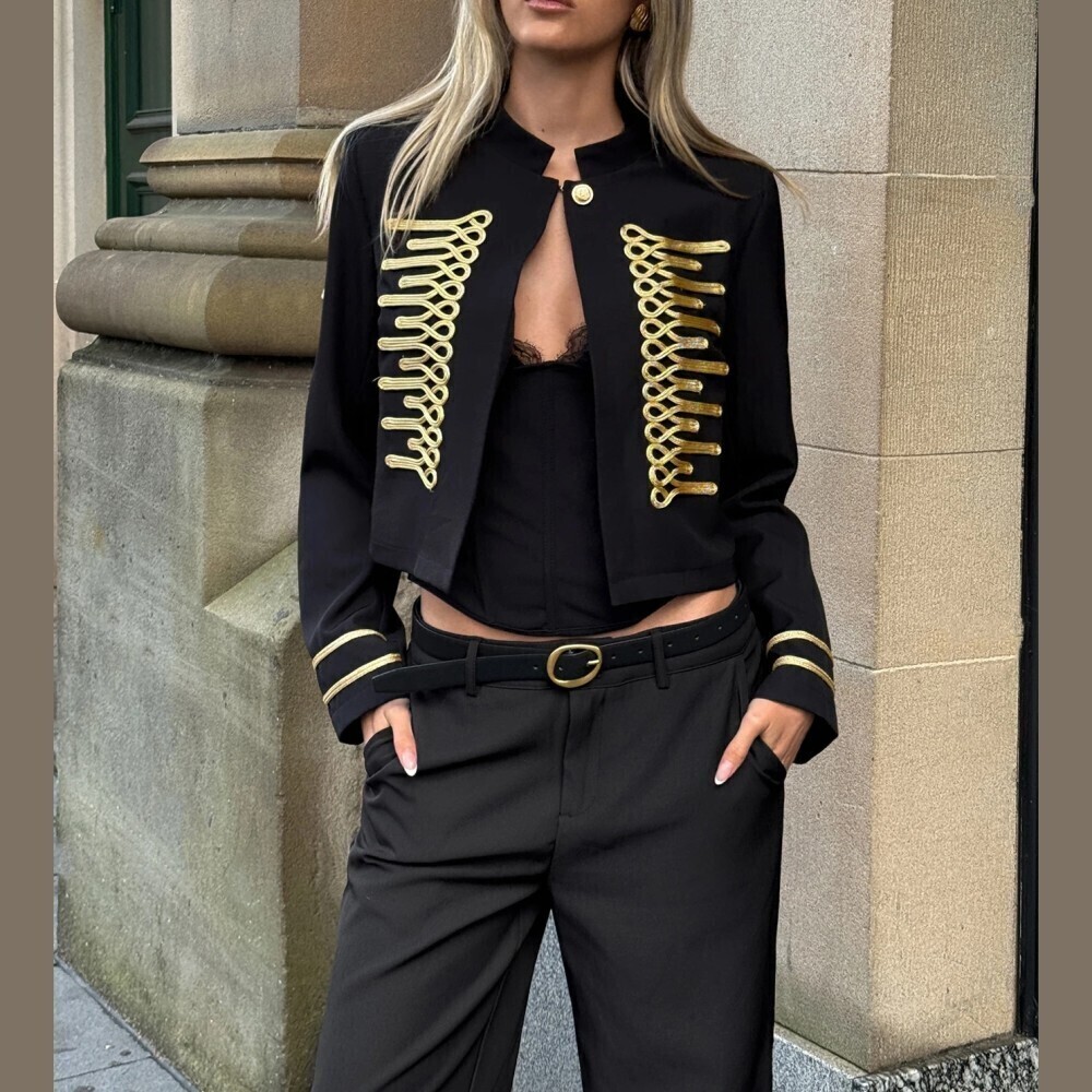 Black Gold Braided Cord Military Stand Collar Cropped Blazer Jacket